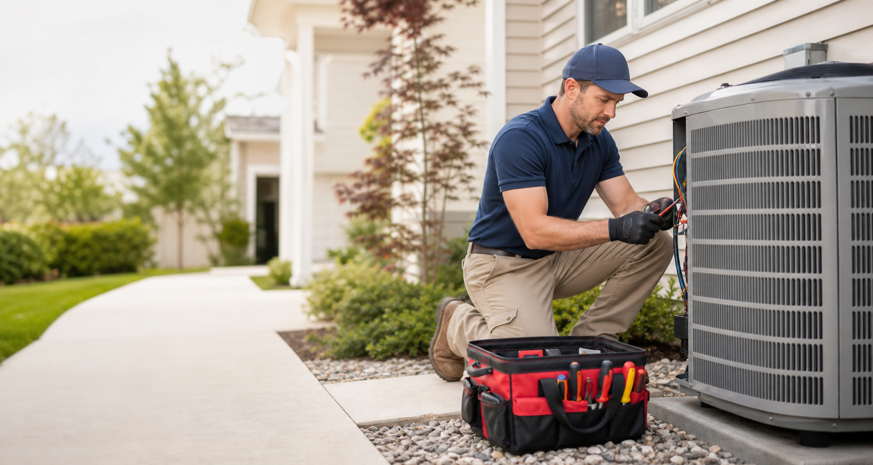 HVAC technician servicing an outdoor air conditioning unit